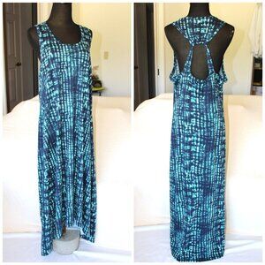 H Halston Navy Blue Maxi Dress Size L/G cotton sleeveless Open back Tie Dye